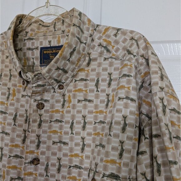 Woolrich Stone Fish Shirt Mens Size XL Tall Tan Cotton Trout Fishing Button Down - Picture 2 of 10
